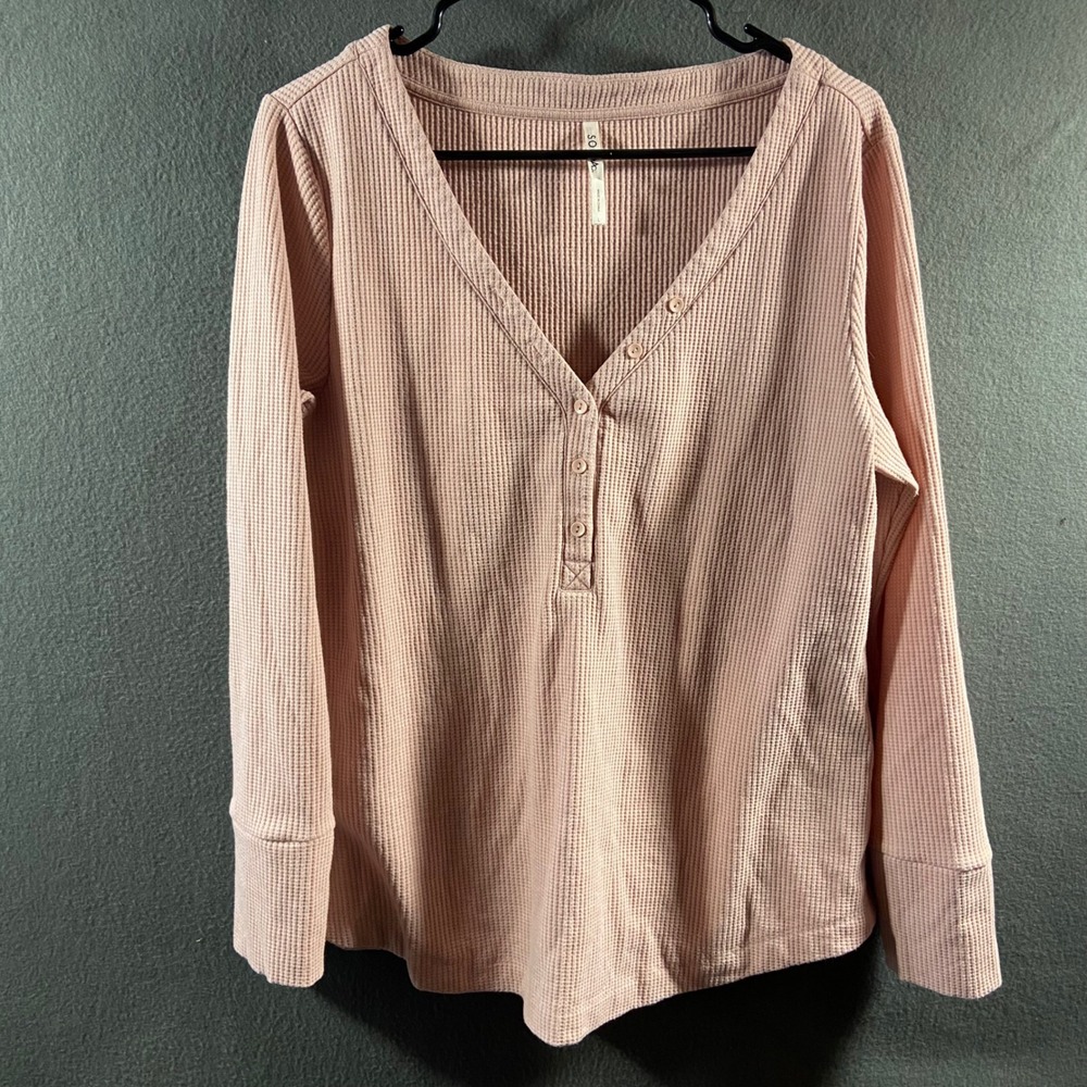 Soma thermal waffle knit Henley Top large blush oversized V-Neck Pink capsule
